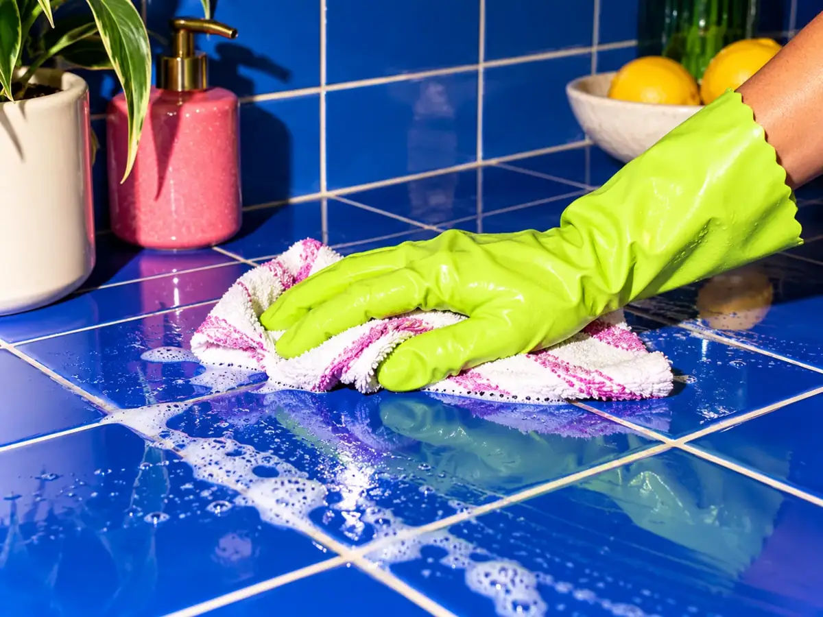 Lime glove scrubbing cobalt tiles