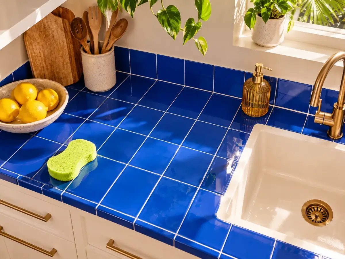 Clean kitchen bench with cobalt tiles