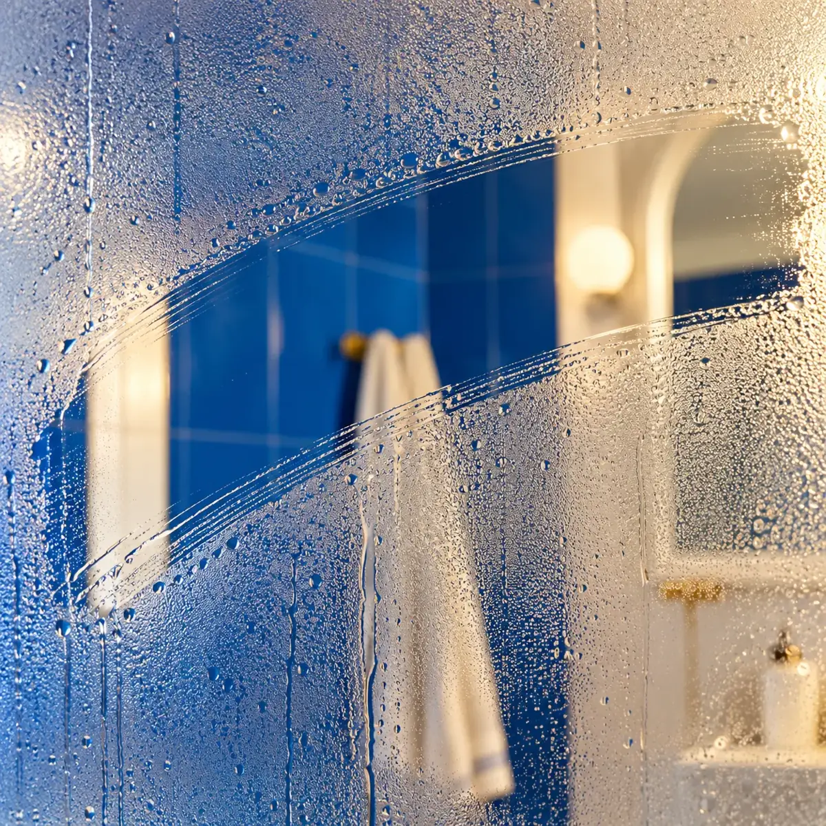A clean swipe through a fogged bathroom mirror