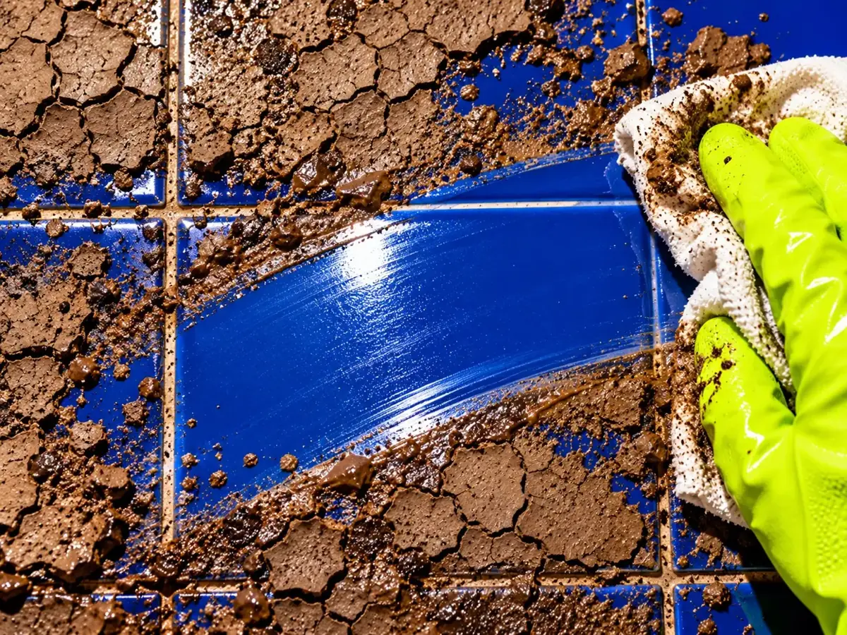 Lime glove wiping a clean streak through mud on cobalt tiles
